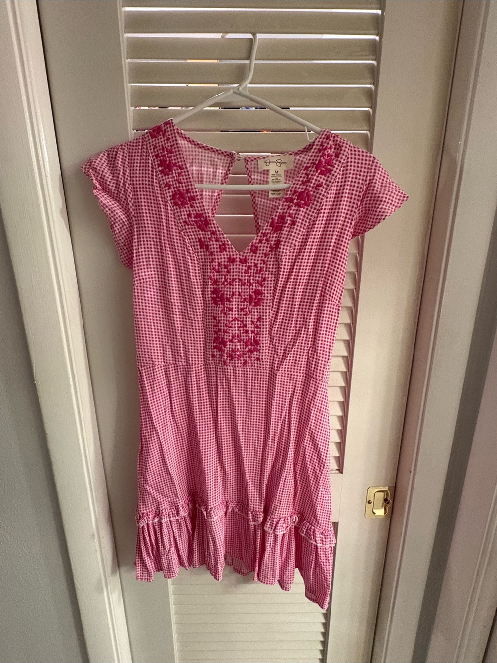 Jessica Simpson Pink Gingham Embroidered V-Neck Dress